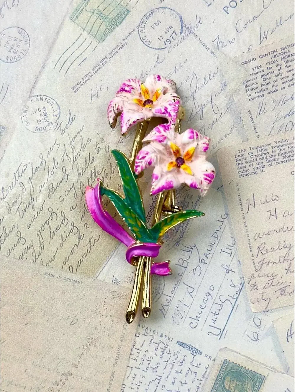 Vintage Enamel Floral Bouquet Brooch Pink Lily Flowers Gold Tone Pin